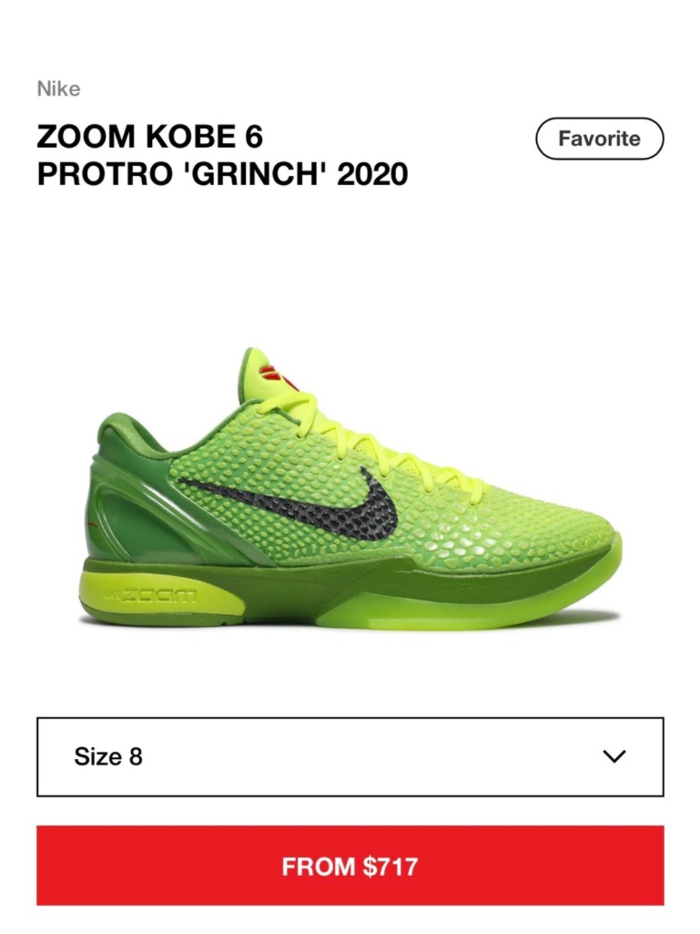 RARE RED LACED Nike Kids' Zoom Kobe 6 Protro 'Grinch'-Size 8